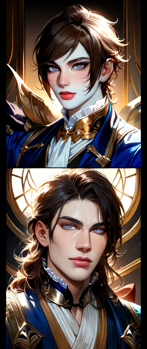 ((a close up of a person in a suit blue suit with golden details (pale skin dark brown hair and grey eyes), delicate androgynous prince, beautiful androgynous prince, caleb from critical role, highly detailed exquisite, handsome guy, highly detailed character, hyperdetailed fantasy character, handsome male vampire, wolfgang lettl highly detailed, detailed character portrait, official character, handsome stunning realistic)),((grey eyes)),official art, unity 8k wallpaper, ultra detailed, aesthetic,((masterpiece)), best quality, photorealistic,((fantasy)),((pale skin)),((man&girl)),((sensual eyes)),((detailed eyes)),((detailed face)),((detailed body)),((badboy face)),((badboy)),((handsome)),((modeling poses)),((model)),((juicy lips)),((kimono)),((perfect hairstyle)),((perfect v shape head)),((free posing)),((posing like model)),((modeling poses)),((messy bangs)),((cool)),((body)),((50mm lens)),((fullbody)),((longshot picture)),((standing posing)),((androgynous pose)),((standing in background)),((light setting from right)),((head staring at right)),((candid))
