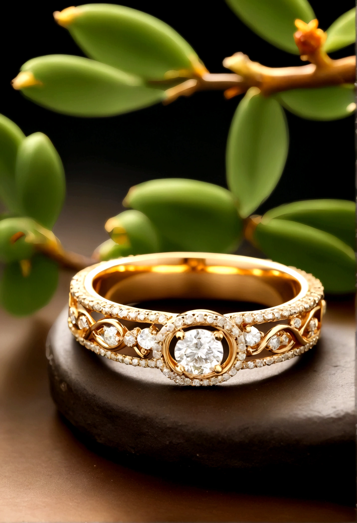 Describe the breathtaking elegance of the luxurious tree ring adorned with diamonds , highly detailed, 8k