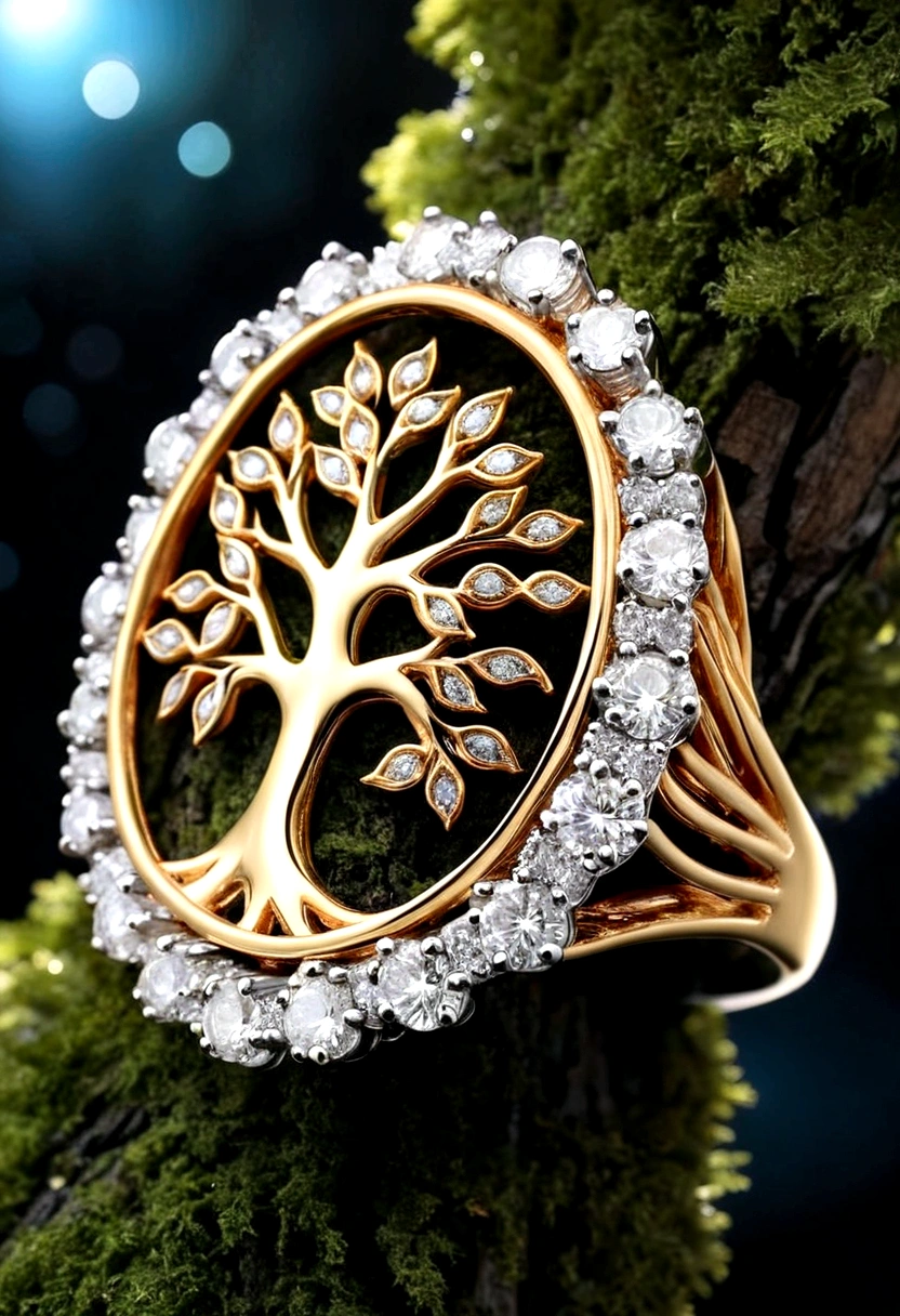 Describe the breathtaking elegance of the luxurious tree ring adorned with diamonds , highly detailed, 8k