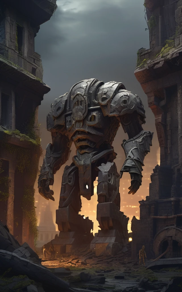high fantasy aesthetics, highest quality, a dark and moody fantasy illustration of a goliath iron Golem on a palace hidden beneath the rubble of an abandoned city with secret passages and hidden rooms, featuring crumbling ruins and overgrown streets, high quality, highly detailed, 4k, 8k, earth giant, shining eyes, colorful body