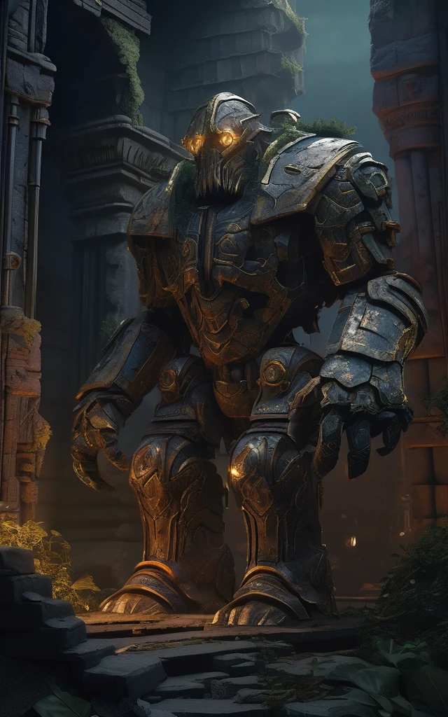 high fantasy aesthetics, highest quality, a dark and moody fantasy illustration of a goliath iron Golem on a palace hidden beneath the rubble of an abandoned city with secret passages and hidden rooms, featuring crumbling ruins and overgrown streets, high quality, highly detailed, 4k, 8k, earth giant, shining eyes, colorful body