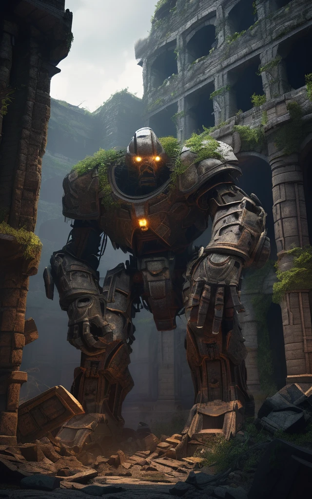 high fantasy aesthetics, highest quality, a dark and moody fantasy illustration of a goliath iron Golem on a palace hidden beneath the rubble of an abandoned city with secret passages and hidden rooms, featuring crumbling ruins and overgrown streets, high quality, highly detailed, 4k, 8k, earth giant, shining eyes, colorful body