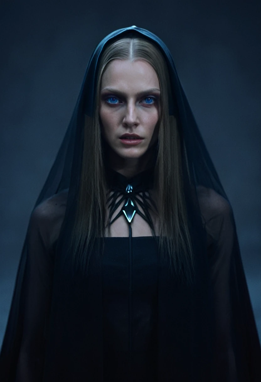 Fashionable of androgynous alien looking witch wearing veil, glowing eyes, beautiful evil slavic muscular woman, pale skin, long dark blond hair, futuristic design, minimal details, givenchy, photoreal, 200mm, hd, f/ 2.0, highly detailed, surreal , drop dead, in the style of red and blue, (intricate details, hyperdetailed:1.15) (skin texture:1.2), cinematic, professional, 4k, dynamic model pose, sitting, full body