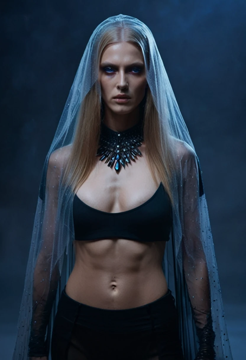 Fashionable of androgynous alien looking witch wearing veil, glowing eyes, beautiful evil slavic muscular woman, pale skin, long dark blond hair, futuristic design, minimal details, givenchy, photoreal, 200mm, hd, f/ 2.0, highly detailed, surreal , drop dead, in the style of red and blue, (intricate details, hyperdetailed:1.15) (skin texture:1.2), cinematic, professional, 4k, dynamic model pose, sitting, full body