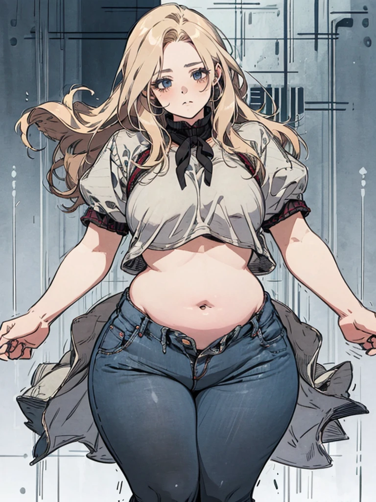 Beautiful plus size anime girl, fashion able overweight girl, pretty, large breasts, wide hips, big tummy, large stomach, cute stomach bump, fashion, outfit, cool pretty clothes, long hair, waist length hair, blonde hair, straight hair, stomach rolls, back rolls, fat, overweight 