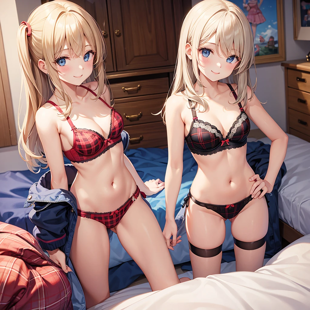 full shot, a 12 years pld girls, multiple girls, bangs, small hips, bra, plaid panties, smile, in her room