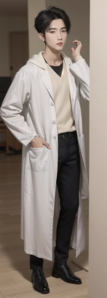 (Fair skin),(know),Iris,(gender: Natural Face),(Japanese),(leather shoes),long body,handsome young asian man, Japanese idol style, short clean-cut hair, ((center part)), white lab coat, black hoodie underneath, calm confident expression, hands in lab coat pockets, plain white background, portrait, high quality, detailed, 8K