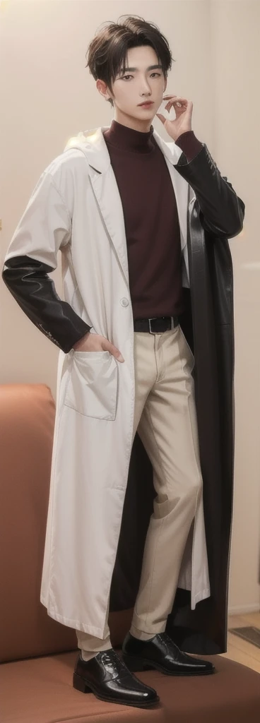 (Fair skin),(know),Iris,(gender: Natural Face),(Japanese),(leather shoes),long body,handsome young asian man, Japanese idol style, short clean-cut hair, ((center part)), white lab coat, black hoodie underneath, calm confident expression, hands in lab coat pockets, plain white background, portrait, high quality, detailed, 8K