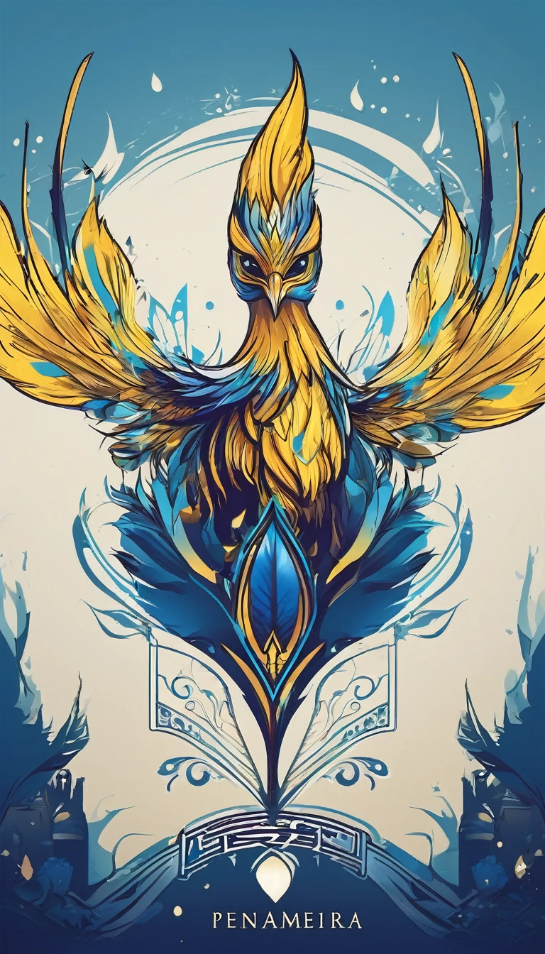 Create a minimalistic, simple, fantastic, easy to understand, logo design of a boy and a feather for an upcoming Fantasy Role Playing Game called " Penamemoria". The game is about a world full of bird and feathers. A boy enters that world and discovers his true artistic identity. Create a logo design that transmits the essence of this videogame. It´s a fantasy game, with fantasy elements. Create the logo in the center and a fantasy theme as background. Use the colours blue, white, yellow in the logo. The logo design must convey a sense of fantasy, dreams and music. Must convey a feeling of being a true Dreamer