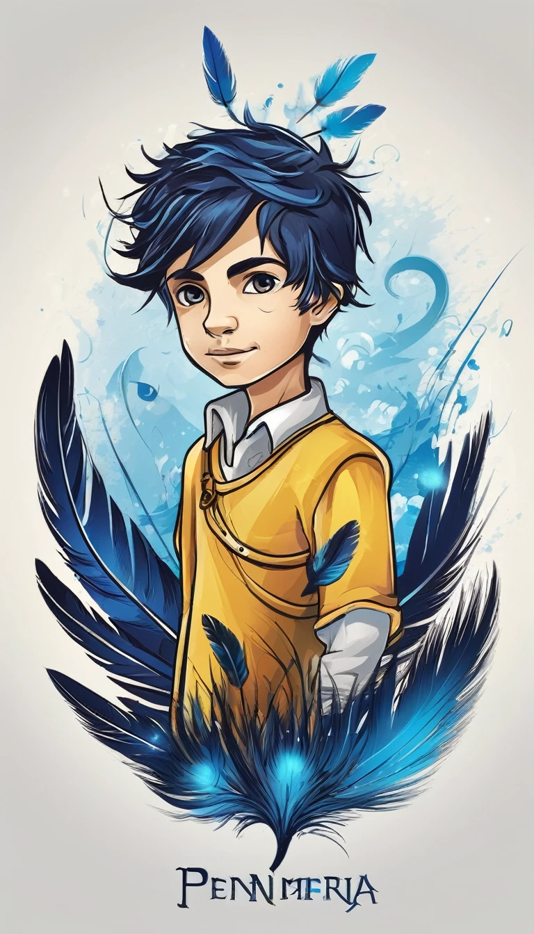 Create a minimalistic, simple, fantastic, easy to understand, logo design of a boy and a feather for an upcoming Fantasy Role Playing Game called " Penamemoria". The game is about a world full of bird and feathers. A boy enters that world and discovers his true artistic identity. Create a logo design that transmits the essence of this videogame. It´s a fantasy game, with fantasy elements. Create the logo in the center and a fantasy theme as background. Use the colours blue, white, yellow in the logo. The logo design must convey a sense of fantasy, dreams and music. Must convey a feeling of being a true Dreamer