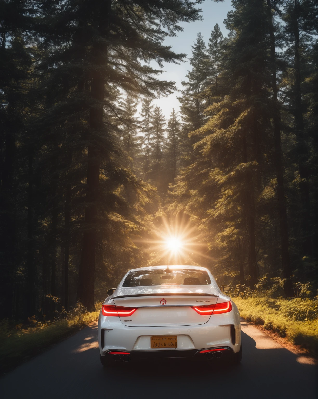 A white car,Car side display,Driving on the road,detail强化,blur background/Bokeh,Bright with natural light,Ray Tracing,Sky,红色晚霞Sky背景,forest,Hill in the distance,Highly detailed environments,Low depth of field,HD,detail,8K,lens flare,Sunlight,