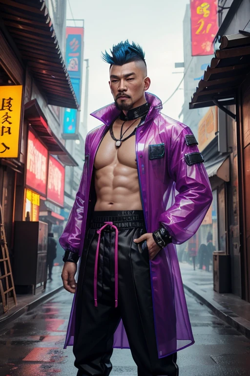 Mongol Man, Ethnically Mongol, proustite, cyberpunk, street worker, safe for work picture, wearing seductive clothing, wearing very bright colored clothing, feathers in hair, facial hair, see through translucent shirt, translucent see through pants, high resolution, masterpiece quality, cyberpunk coat, mohawk