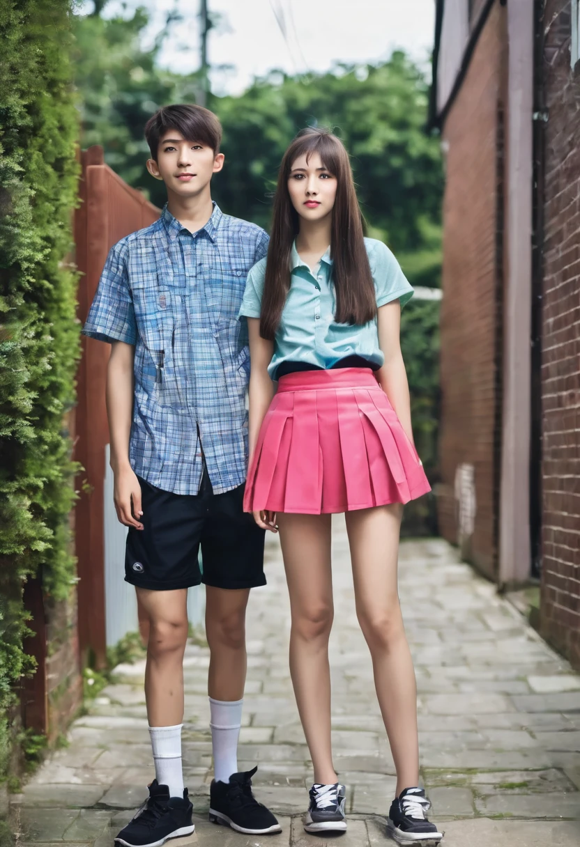 A wearing pink uniform, long pink hair, pink shoe and blue bag with her boyfriend putting on pink uniform also with  black hair and white shoe and blue bag going to school and gisting