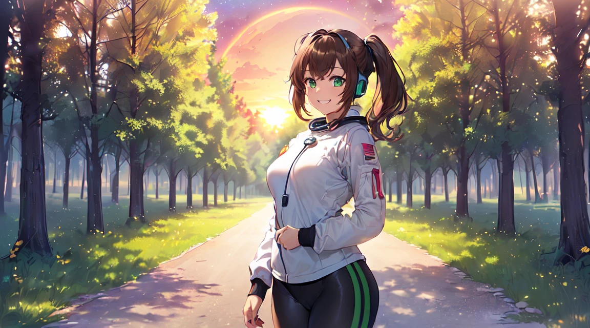 masterpiece, 1girl ((20year old, space suit, black tight jogging leggings, astronaut girl, sneakers, medium breasts, multicolor brown hair, twin ponytails, perfect model body, green eyes:1.5, flirting, happy, big smile, wearing headphones, standing in a park, trees and sunset in the background, relaxing atmosphere:1.2)) ((solo:1.6)) ((LoFi))