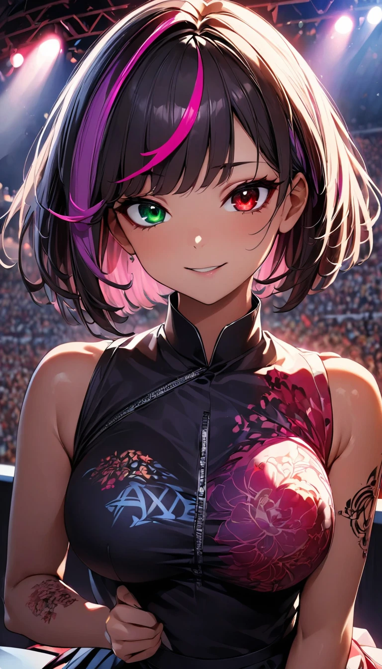 (highest quality:1.2, Very detailed, up to date, Vibrant, Ultra-high resolution, High Contrast, masterpiece:1.2, highest quality, Best aesthetics), Portraiture、girl、slim, , heterrochromia, green eye, red eye, stage、performance、Rock Music、Bright colors、Beautiful fine details、Beautiful lip detail、extra short hair, ((bob cut:1.5))、pink and purple ((streaked hair:1.9)), (highlights hair: 1.6), middium breast, (tan skin:1), Music band、Cheerful pose、Concert Light、Edgy Style、colorful Cheongsam, (no sleeve:1)、Dynamic Movement、hypnotic sounds、Stadium、amplifier、Loud music、Drams、playing drum hard, Passionate performance、Sparkling stage、Concert atmosphere、Music Festival、Full of emotion、Rock star attitude、Resolute expression、Avid Fan、The presence of an attractive stage、 Expressive gestures、Rock star aura、An exciting atmosphere、Sing with all your heart、An unforgettable show, cowboy shot, (Floral Fineline tattoo design on right arm:1)