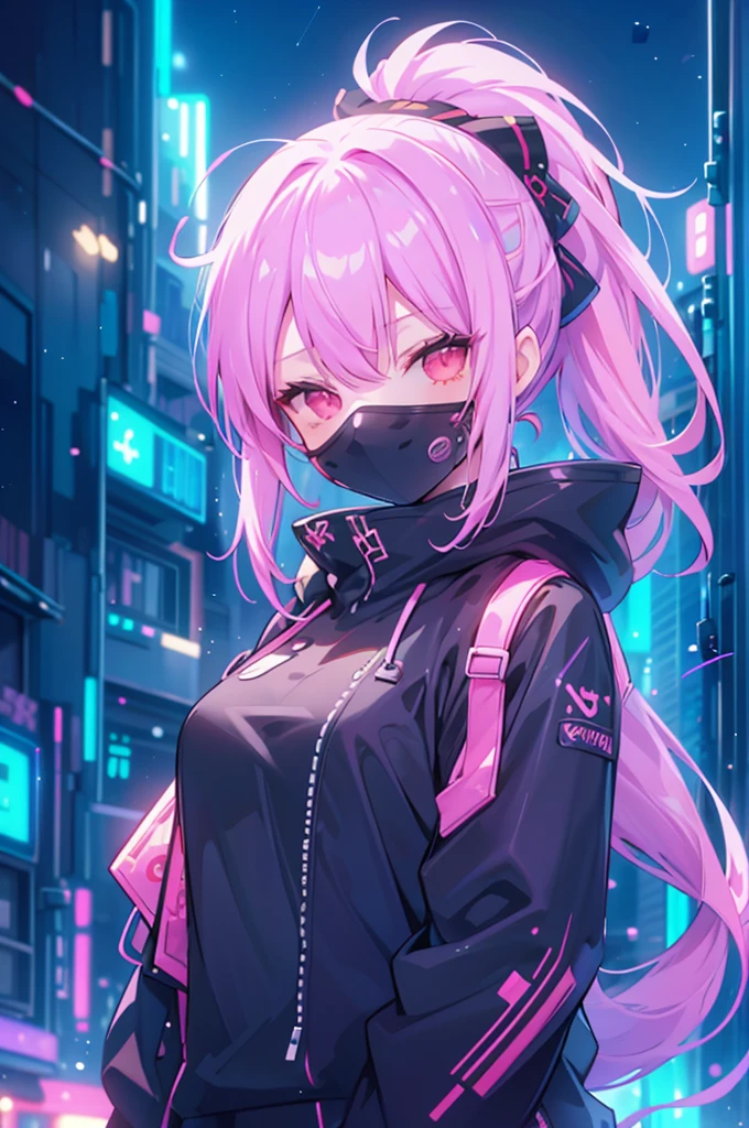 upper body, 1girl, wallpaper, light particles, city, night, background, look at viewer, (ninja), pink hair, long hair, ponytail, demon tail, red eyes, cybermask2023
