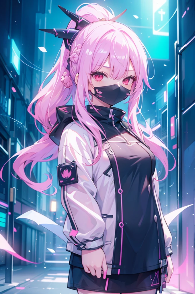 upper body, 1girl, wallpaper, light particles, city, night, background, look at viewer, (ninja), pink hair, long hair, ponytail, demon tail, red eyes, cybermask2023
