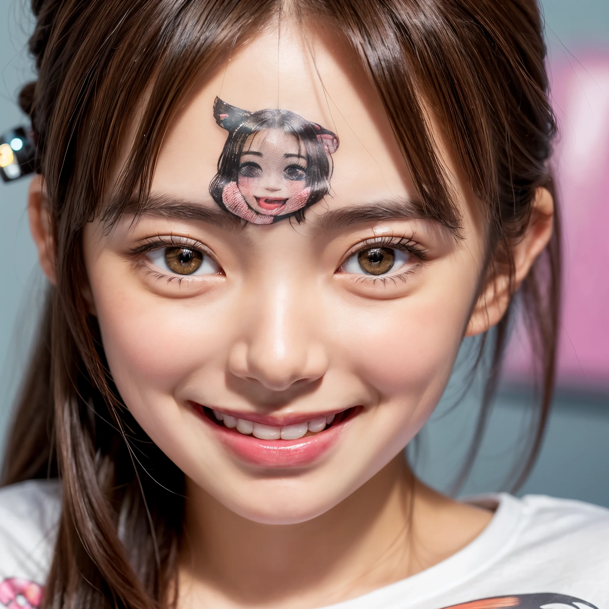 White and Bright Red, (Masterpiece 8K TopQuality:1.2) (ProfessionalPhoto:1.37) ExtremelyDetailed (((a KAWAII girl's Face Printed on T-shirt:1.4))) oversized t-shirt BREAK (((NOGIZAKA FaceVariations))), Extremely Detailed very KAWAII FaceVariations, Childish CaptivatingGaze Stunning ParfectEyes ElaboratePupils with (SparklingHighlights:1.28), DoubleEyelids with (Detailed Voluminous LongEyelashes:0.88), Small GlossyRedLips with BeautifulDetails, CoquettishTongue, PUNIPUNI RosyCheeks, Radiant PearlSkin with Transparency, Glowing DowneyHair . { (Dynamic Joyful expressions LifeLike Rendering:1.4) | (:d) }, (large eyes:-1) .