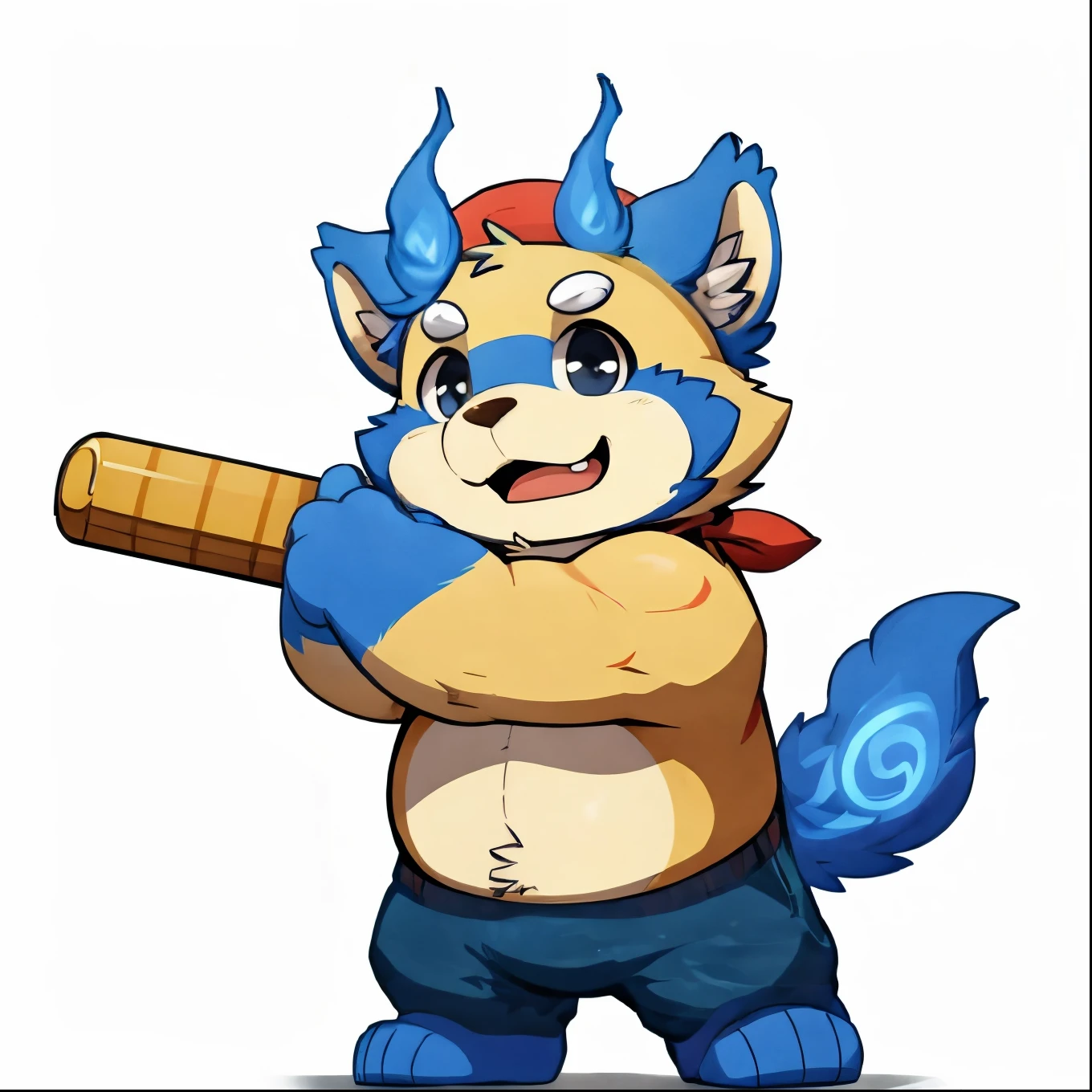 solo, botailang,Cute face, (baseball cap, Wielding Baseball bat) ,(Sideways, sidled), Chubby,(white eyebrows:1.1),(perfect black eyes),Simple background, Blue Background,print style。（Artist:Takemoto Arashi），blue fire ，blue fire above the eyebrows