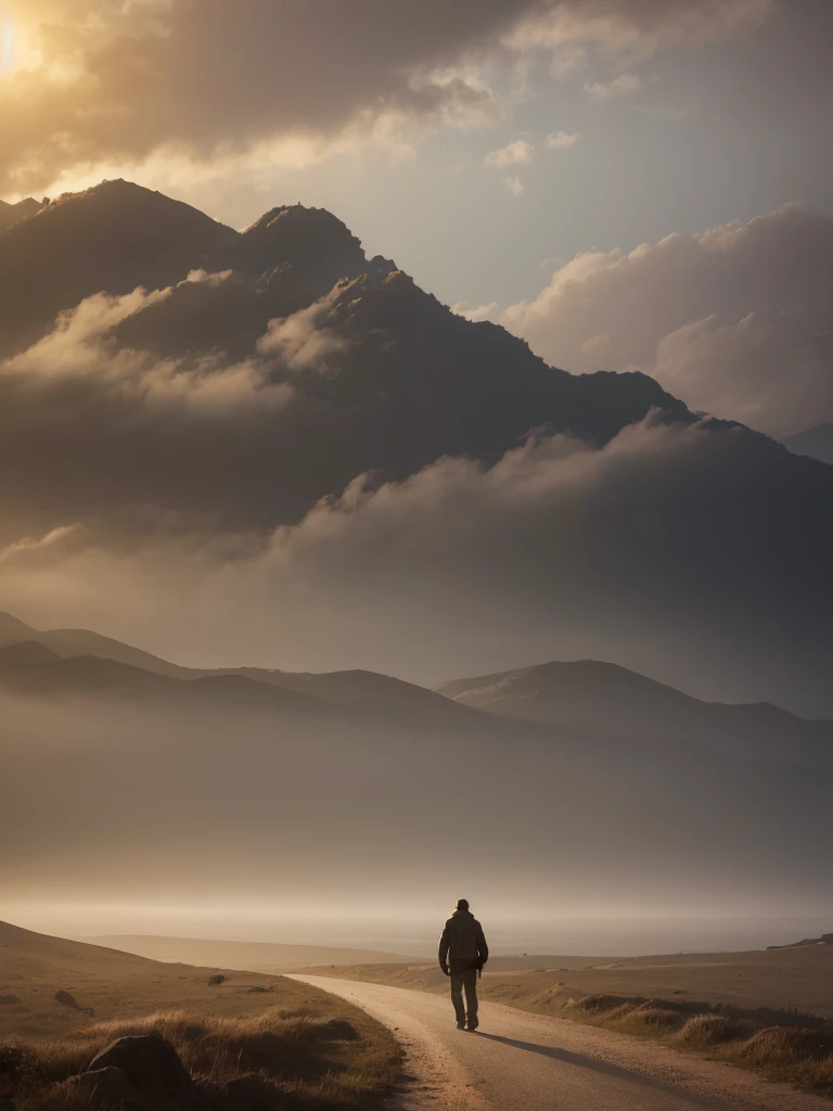 a man walking in the distance, love, soft colors, detailed skies, cinematic lighting, dramatic shadows, mist, fog, atmospheric, dreamlike, moody, romantic, serene, (best quality,4k,8k,highres,masterpiece:1.2),ultra-detailed,(realistic,photorealistic,photo-realistic:1.37),cinematic,dramatic,atmospheric,romantic,muted colors,soft lighting,moody,dreamlike