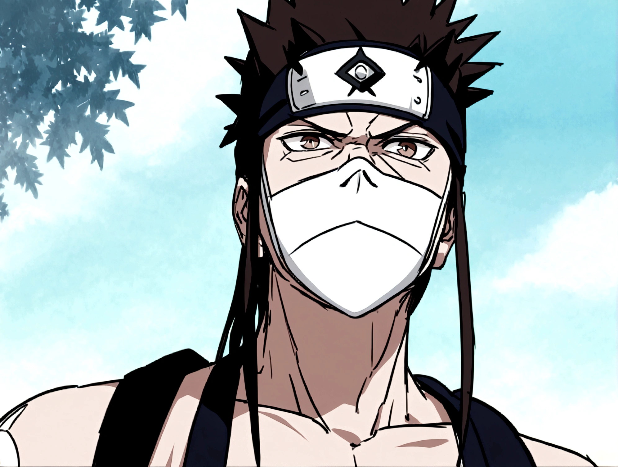 1 man, masked, headband, fully naked, Brown spiky hair, Brown eyes, serious face