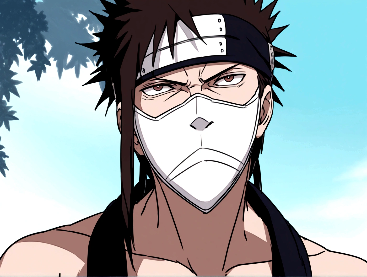 1 man, masked, headband, fully naked, Brown spiky hair, Brown eyes, serious face
