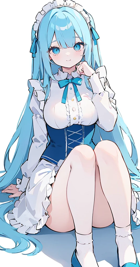 (long beautiful blue hair) cyan eyes, (Eyes behind long bangs) big breasts, using accessories (using socks) perfect shiny beautiful cyan shoes (Wearing luxurious palace maid clothes Perfect perfect noble) Pose facing sideways (Girl1, straight hair not too long, bangs covering one eye, soft face, gentle smile) long hair, beautiful cyan eyes (Free pose, right hand down, left hand down, ((Free pose))smile kawai, (blank white background) Wearing a blue corset, (Using a beautiful bright blue ribbon) Kawai shy cute eyes (cyan colored shoes must be shiny, Must wear short white socks)