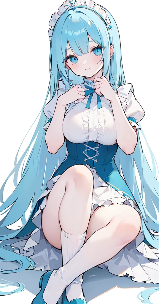 (long beautiful blue hair) cyan eyes, (Eyes behind long bangs) big breasts, using accessories (using socks) perfect shiny beautiful cyan shoes (Wearing luxurious palace maid clothes Perfect perfect noble) Pose facing sideways (Girl1, straight hair not too long, bangs covering one eye, soft face, gentle smile) long hair, beautiful cyan eyes (Free pose, right hand down, left hand down, ((Free pose))smile kawai, (blank white background) Wearing a blue corset, (Using a beautiful bright blue ribbon) Kawai shy cute eyes (cyan colored shoes must be shiny, Must wear short white socks)