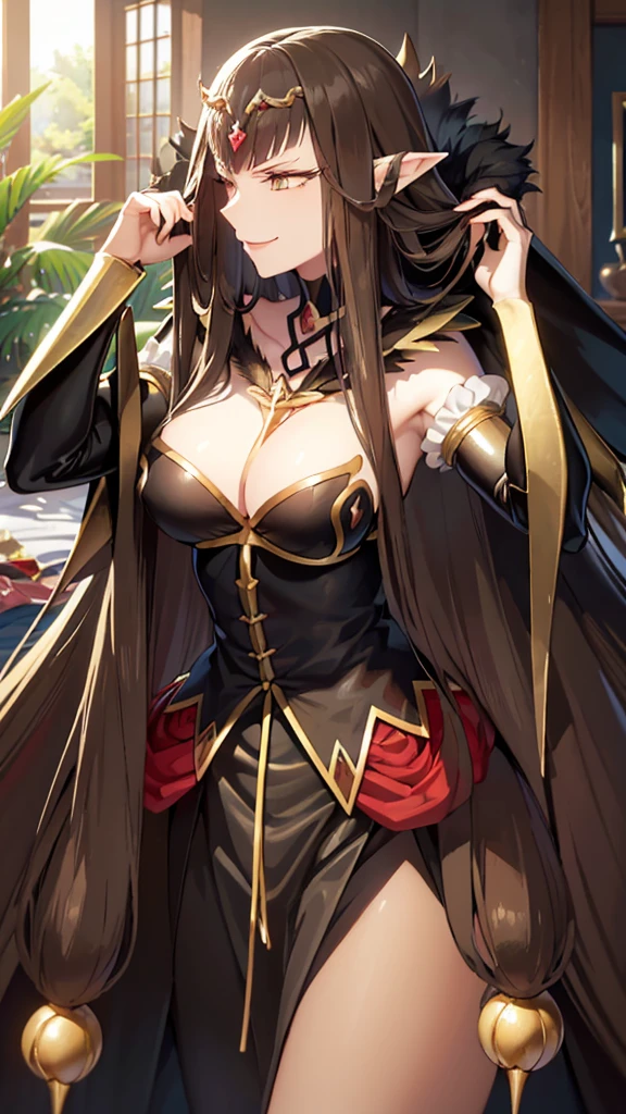 semiramis, (absurderes, 8K, 4K, masutepiece, hyper extreme detailed:1.2), Best Quality, Perfect Anatomy, Perfect face, Facing forward, High humidity, A happy smile, Gentle expression, peace of mind, relief, maternal, Bedroom, 