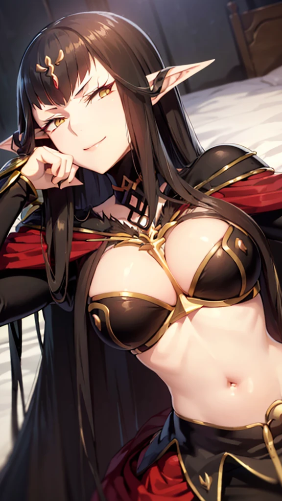 semiramis, (absurderes, 8K, 4K, masutepiece, hyper extreme detailed:1.2), Best Quality, Perfect Anatomy, Perfect face, Facing forward, High humidity, A happy smile, Gentle expression, peace of mind, relief, maternal, Bedroom,