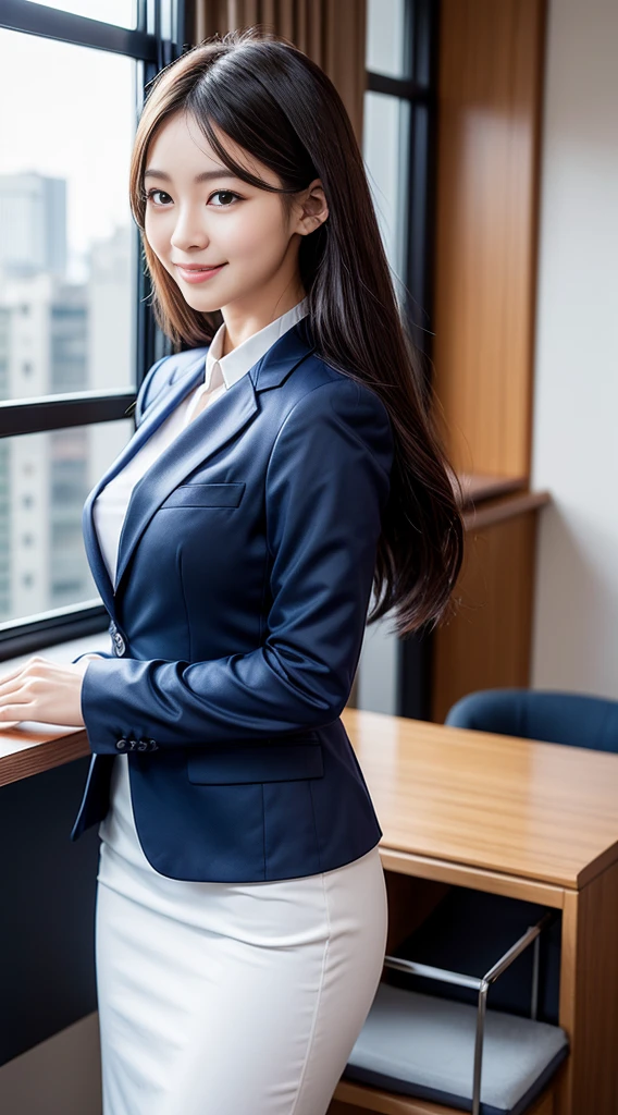 The face of a hostess、Dress code: high quality navy blue business suit、Surreal、healthy、Smiling face、Slim and perfect figure、Japanese Beauty、Beautiful Eyes、Perfect Face、Beautiful Skin、From the side、Background is an office on a high floor、By the window