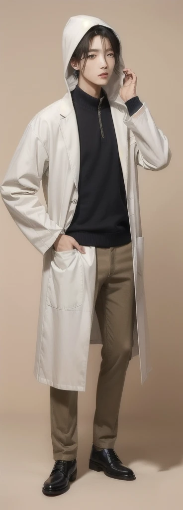 (Fair skin),(know),Iris,(gender: Natural Face),(Japanese),(leather shoes),long body,handsome young asian man, Japanese idol style, short clean-cut hair, ((center part)), white lab coat, black hoodie underneath, calm confident expression, hands in lab coat pockets, plain white background, portrait, high quality, detailed, 8K