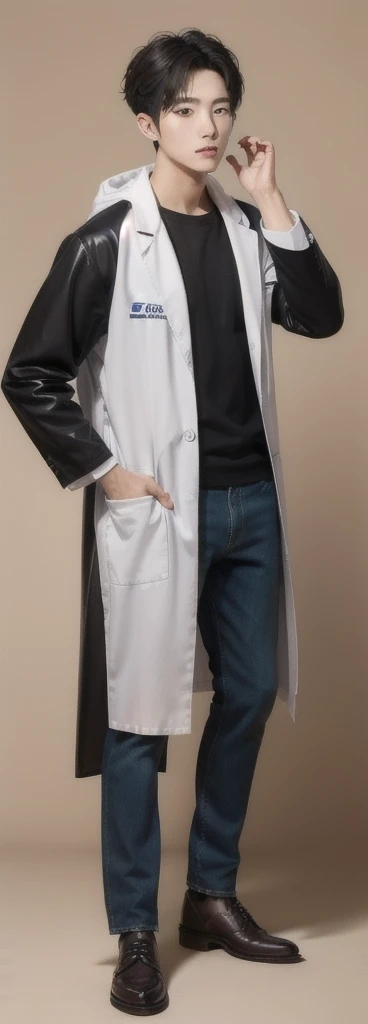 (Fair skin),(know),Iris,(gender: Natural Face),(Japanese),(leather shoes),long body,handsome young asian man, Japanese idol style, short clean-cut hair, ((center part)), white lab coat, black hoodie underneath, calm confident expression, hands in lab coat pockets, plain white background, portrait, high quality, detailed, 8K