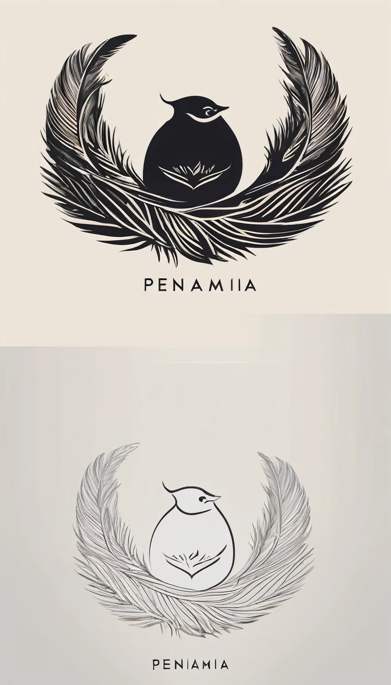 A minimal, modern, simple, cinematic logo design for the brand “Penamemoria". Create a modern, minimalistic, high-quality, logo of a boy inside a nest made of feathers. The logo must be a symbol for dreams, stories, memories, music and imagination.