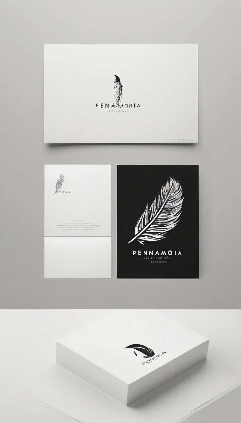 A minimal, modern, simple, cinematic logo design for the brand “Penamemoria". Create a modern, minimalistic, high-quality, logo of a boy inside a nest made of feathers. The logo must be a symbol for dreams, stories, memories, music and imagination.