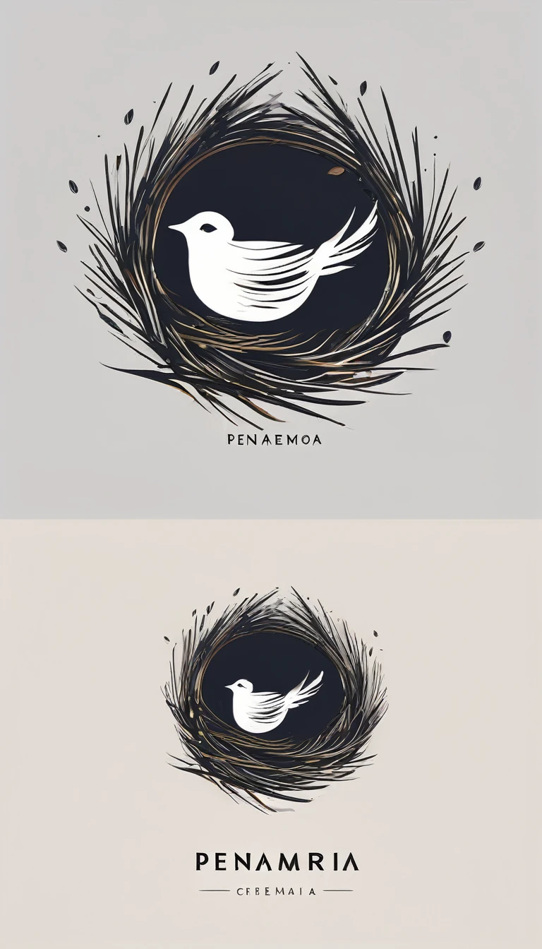 A minimal, modern, simple, cinematic logo design for the brand “Penamemoria". Create a modern, minimalistic, high-quality, logo of a boy inside a nest made of feathers. The logo must be a symbol for dreams, stories, memories, music and imagination.