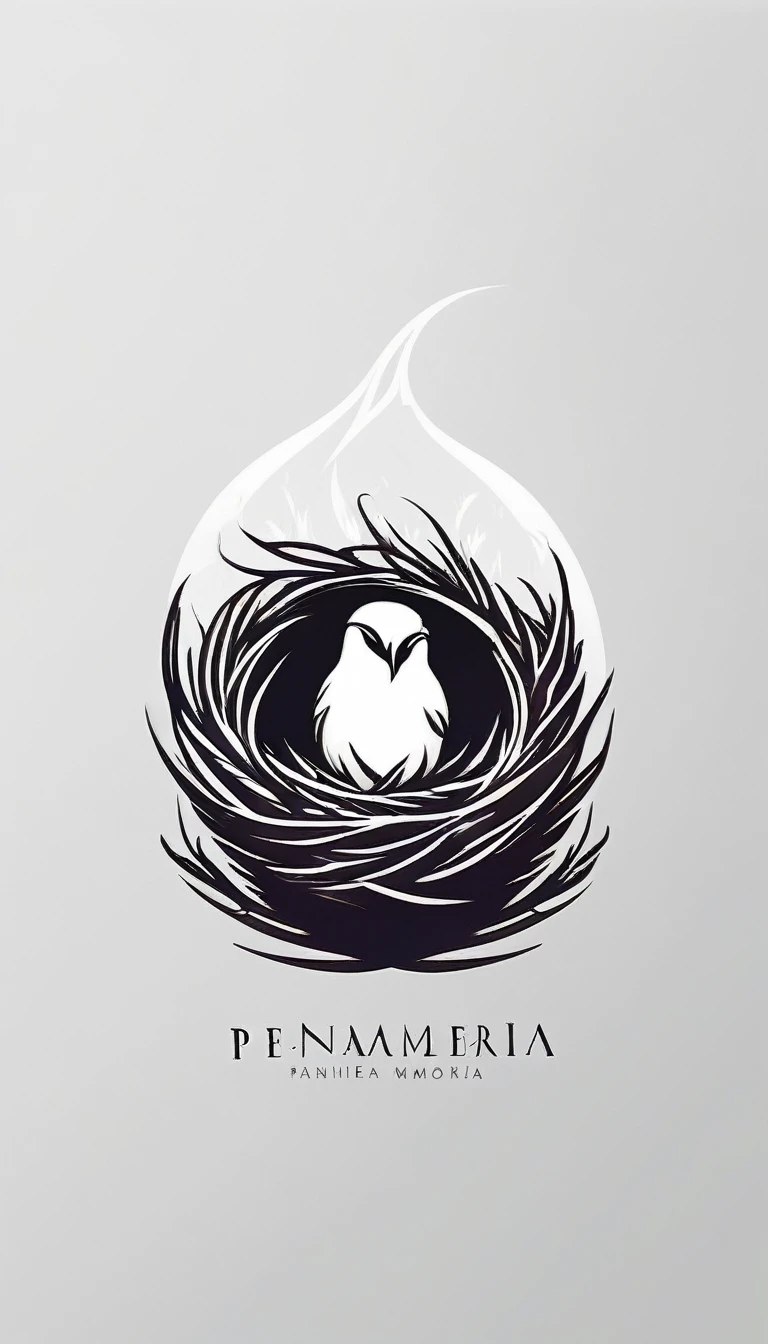 A minimal, modern, simple, cinematic logo design for the brand “Penamemoria". Create a modern, minimalistic, high-quality, logo of a boy inside a nest made of feathers. The logo must be a symbol for dreams, stories, memories, music and imagination.