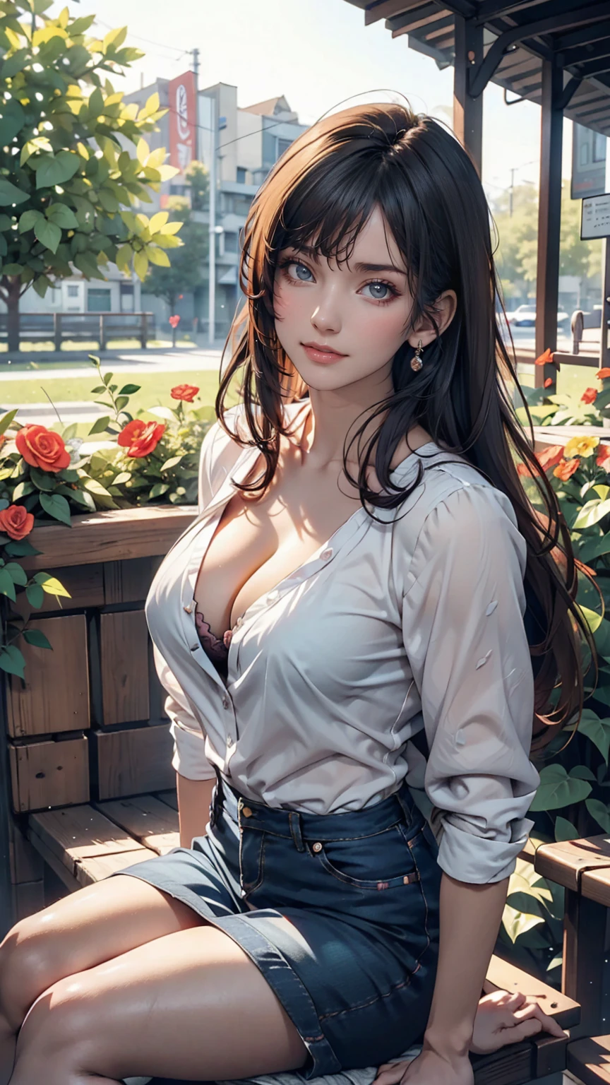 Anime girl in 80s anime style sitting in a flower field and looking at the camera, smile. pastel colour、Sexy proportions、Sexy、Blouse unbuttoned to highlight cleavage