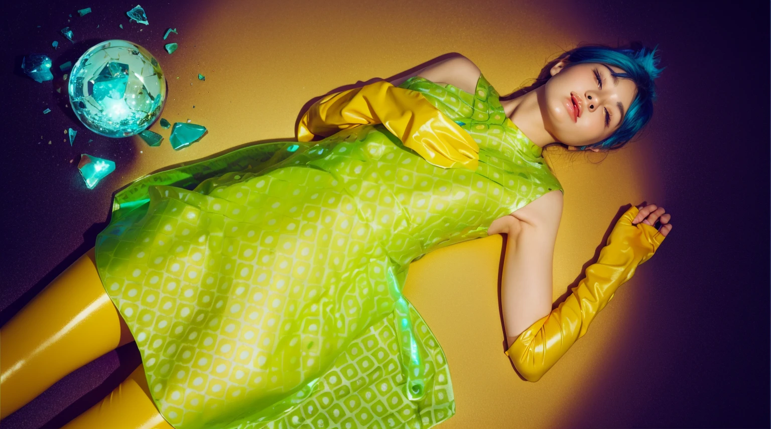 This image features a woman lying on an asphalt surface, dramatically illuminated by a spotlight that highlights her vivid features against the dark backdrop. Her glossy, satin-like skin glows under the intense light, emphasizing her serene and graceful appearance. Her striking blue hair, styled in a modern, edgy cut, contrasts sharply with the surrounding darkness, enhanced by the spotlight's focus. She wears a bright green dress with a playful geometric pattern, and her bold yellow gloves add a splash of color, further accentuated by the spotlight's beam. The purple background, framed by a white outline, deepens the dramatic contrast, focusing the viewer's attention on her as the central figure in this vividly lit nocturnal scene.. glossy texture, smooth 3d model, multiple light sources, rim light, sharp post effects render, (glossy plastic texture with multiple big light probe refractions), perfect cgi, smooth silhouette, high intensity refraction, (super glossy plastic material), most beautiful vfx, , realistic, 4k, high resolution, rim light, smooth 3d model, multiple light sources, rim light, sharp post effects render,, realistic, 4k, high resolution, rim light detailed digital art, reflective, best quality, 4k, masterpiece:1.2, ultra-detailed, realistic, vivid colors, The image of the highest quality, ensuring every detail showcased perfectly. It in 4k resolution, allowing viewers to immerse themselves in the richness of the colors and intricate details. The realistic rendering. under the spotlight, reflecting, high-resolution image, realistic rendering