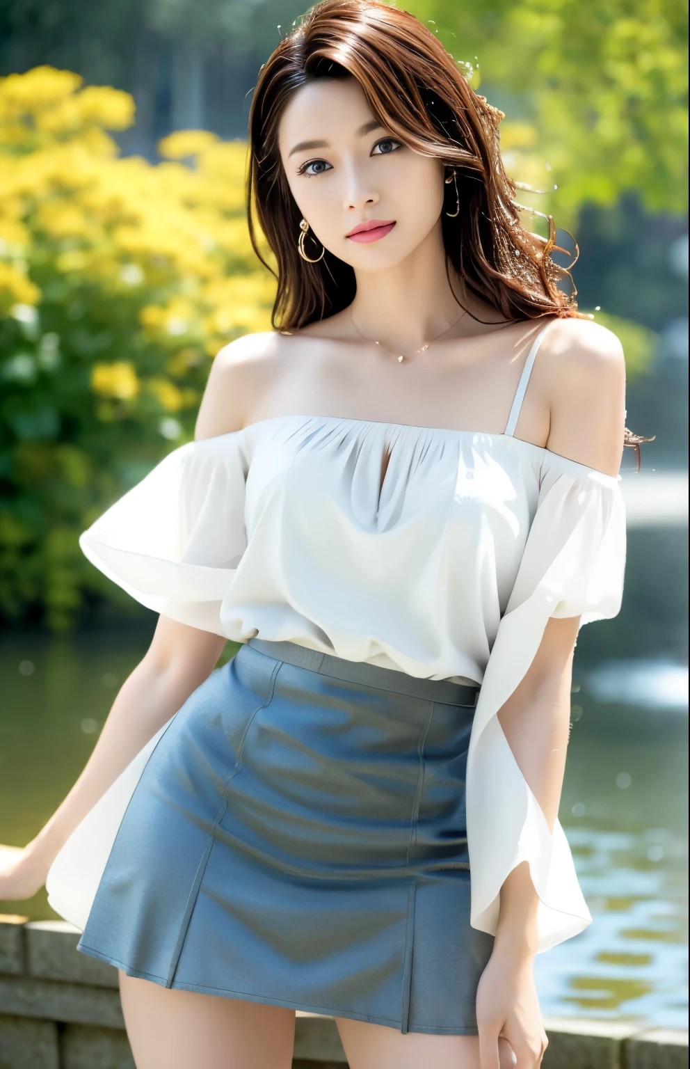 (Masterpiece), Top quality, Very detailed, (Watercolor), Flowers, Delicate and beautiful, Platinum hair, (bottom), (1 girl: 1.4), (Solo: 1.2),, (Wet blouse: 1.3), Wet blouse shoulder to shoulder, cured, Bare shoulders, (lower:1.2), Beautiful eyes, (hairy hair), Photos, Over the shoulder photography, Alex Maleyev, Pro, Canon Camera, Nikon Camera, Sharp, Bokeh, Studio Quality, Fisheye, Robert Capa, Photorealistic, Ultra High Resolution, Complex, Ultra Detailed, (Skindentation), Cute, Female, Detailed Body, (Detailed Face: 1.1), (Contoured Iris), (Hydro Color Lens), (Perfect Eyes), 4K, Gorgeous, (Masterpiece: 1.2), (Best Quality: 1.2), Some beautiful women, dresses, seductive poses, extreme hourglass figures, clubs, dances, ((miniskirts: 1.4))