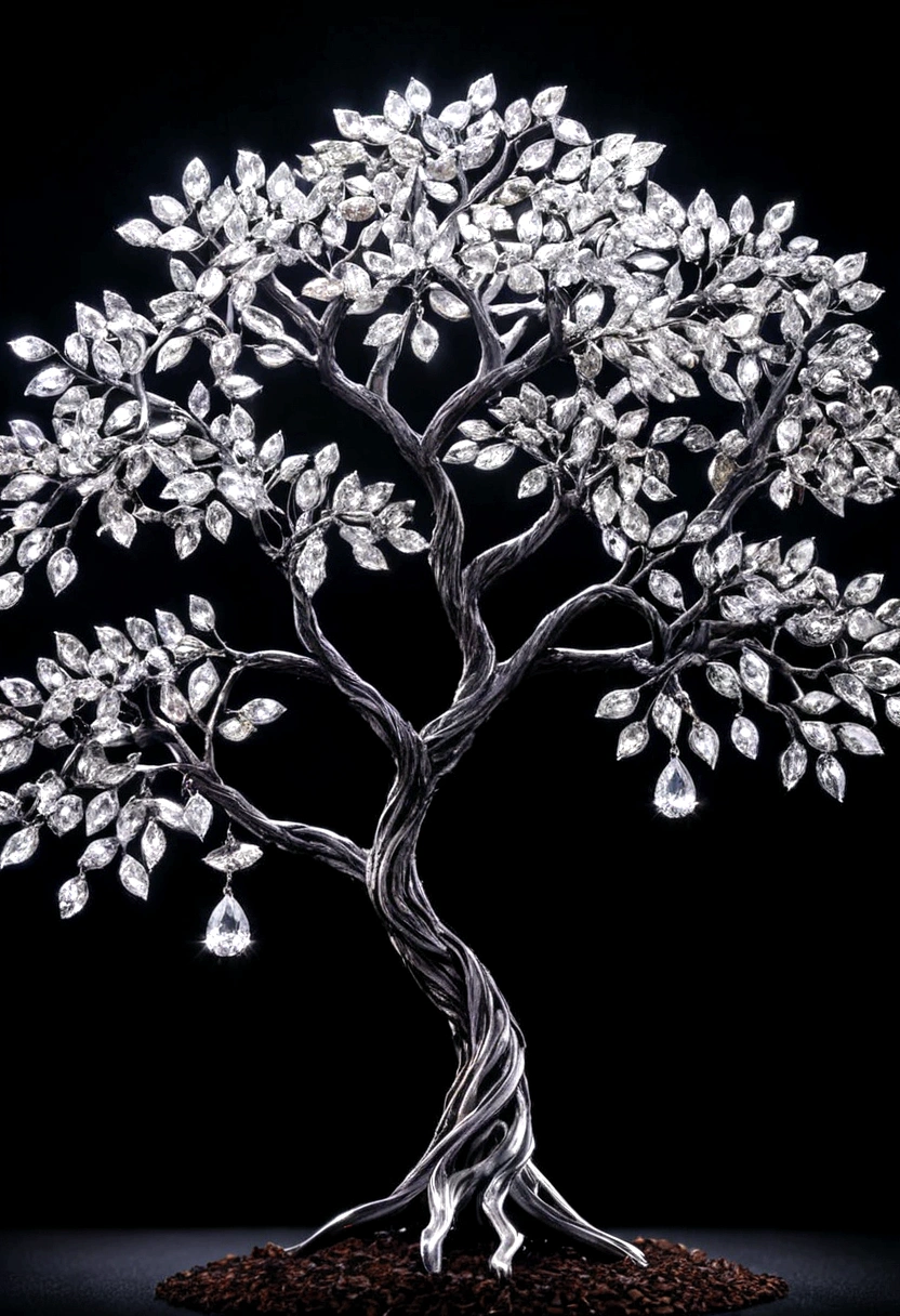 tree made by diamonds stone, studio light, dark background, 35 mm photography