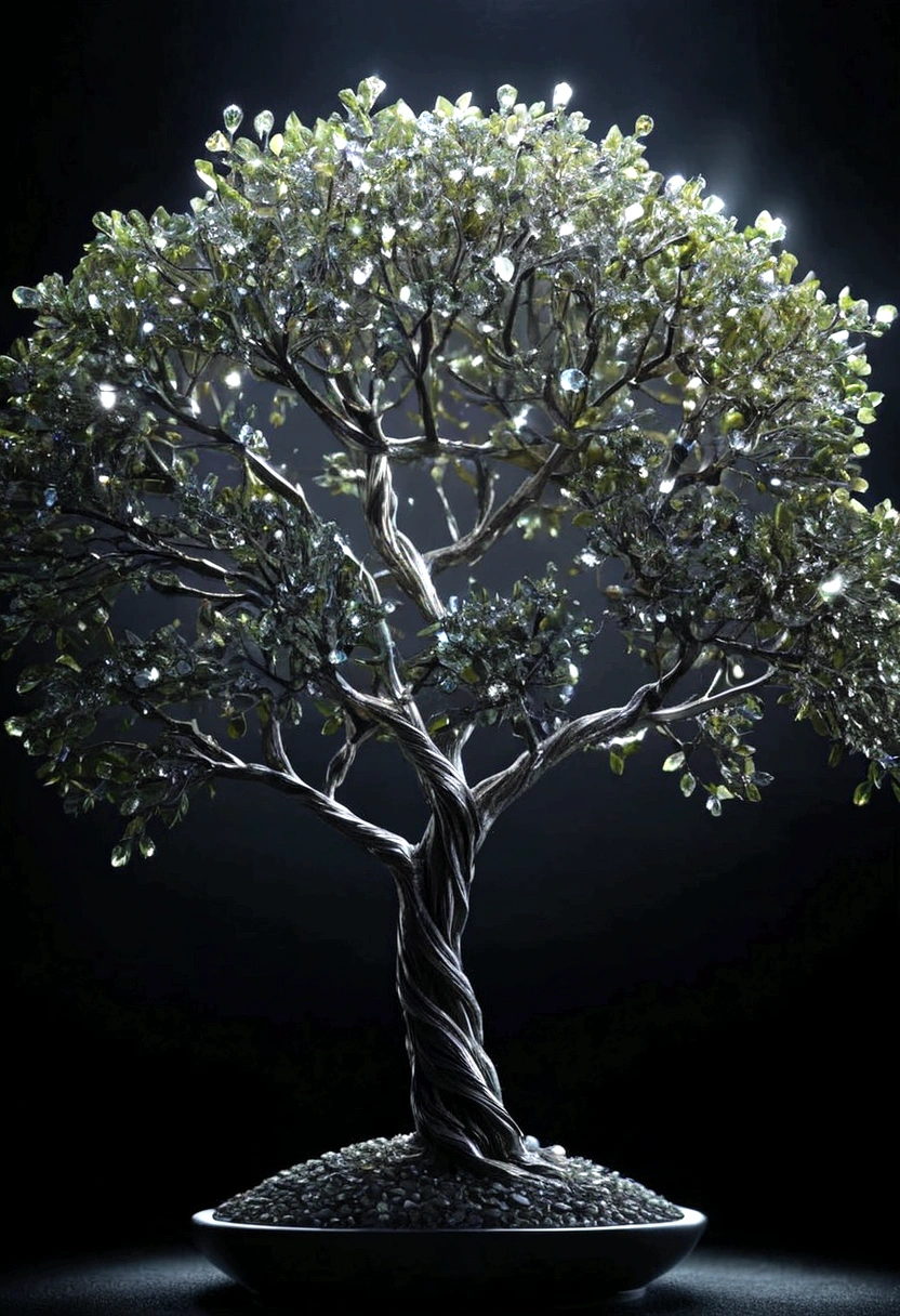 tree made by diamonds stone, studio light, dark background, 35 mm photography 