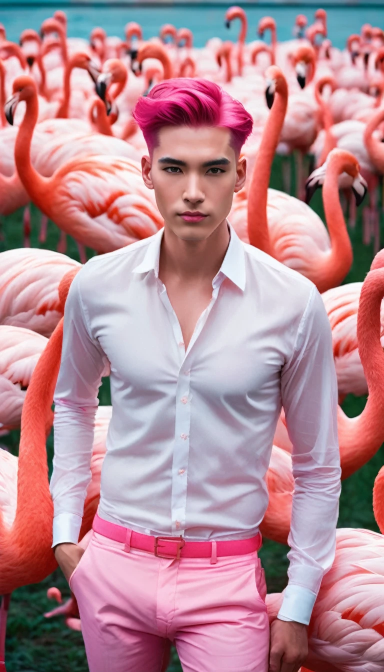 A charming young man embodying the essence of pink. He stands confidently outside, surrounded by a flock of pink flamingos, his smooth, lean body highlighted by pink underwear. His vibrant pink hair adds a playful touch, creating a delightful and harmonious scene.