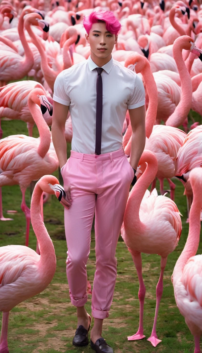 A charming young man embodying the essence of pink. He stands confidently outside, surrounded by a flock of pink flamingos, his smooth, lean body highlighted by pink underwear. His vibrant pink hair adds a playful touch, creating a delightful and harmonious scene.