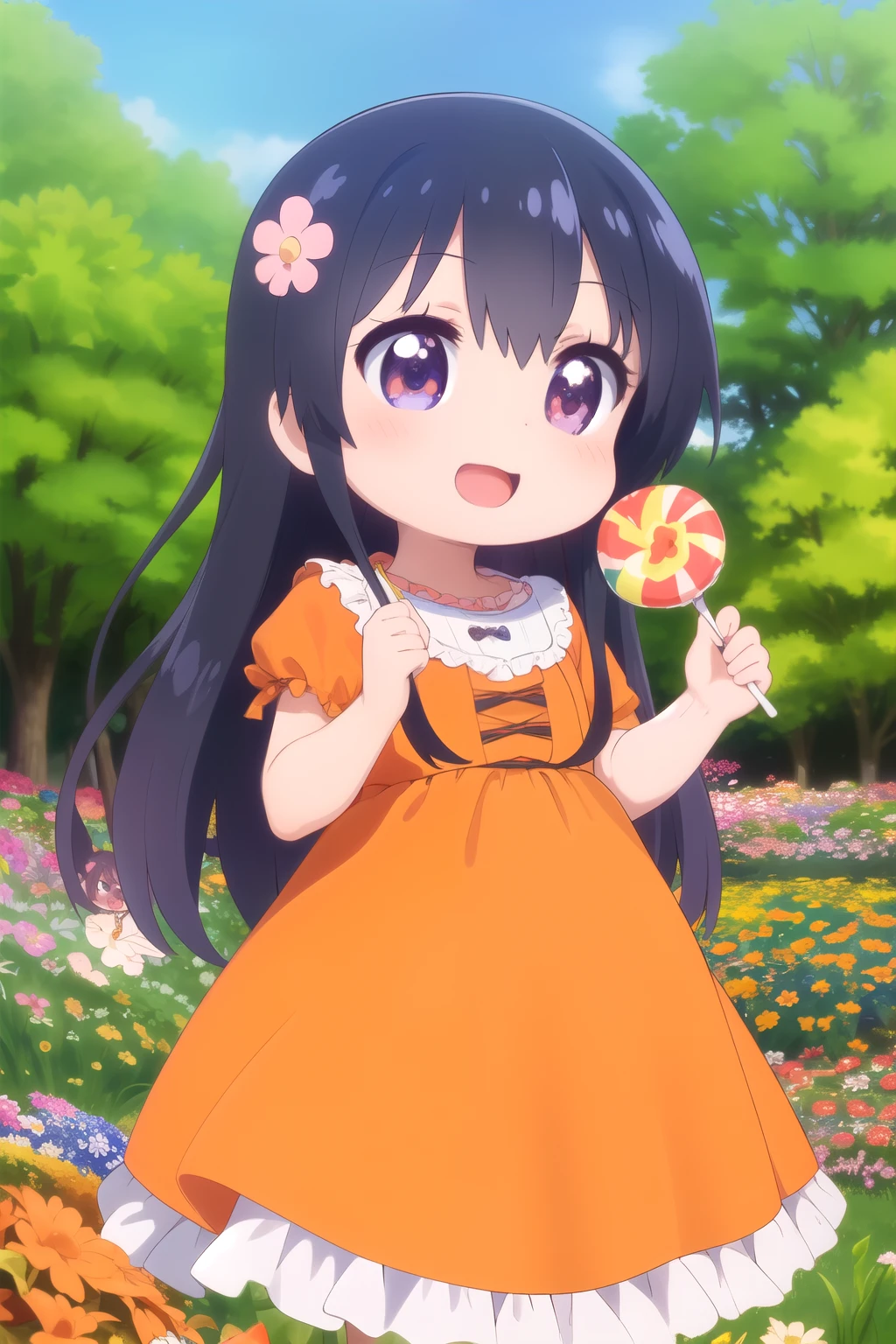 masterpiece,ultra detail,best quality,1girl,,chibi, watahana,outdoor,colorful flower garden,happy,orange pretty dress,holding a candy,from infront ,kirakira effect,