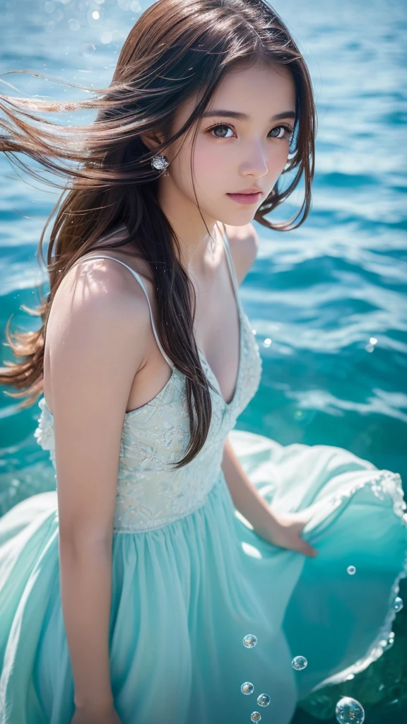 art:Cornflower, dream-like, (A girl with beautiful eyes. The depth of field in the photo was perfect, The lens flare is a nice accent.. The fine features of her face really stood out, This photo definitely scored above 10.. background, There was a beautiful sea with crystal clear water and water droplets floating on the surface.. It was a wonderful photo that really captured the beauty of the girl and the water..)
