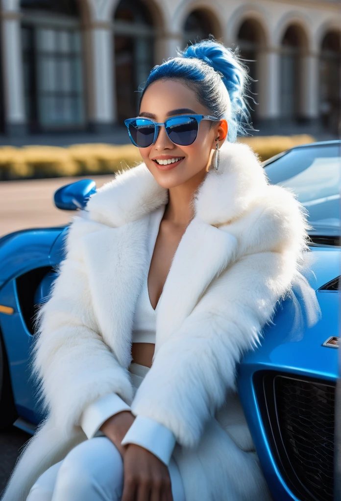 a smiling beautiful biracial woman,next to a blue sports car, wearing sunglasses, a white fur coat, blue hair, (best quality,4k,8k,highres,masterpiece:1.2),ultra-detailed,(realistic,photorealistic,photo-realistic:1.37),beautiful detailed eyes,beautiful detailed lips,extremely detailed eyes and face,longeyelashes,intricate ornate details,luxurious,elegant,atmospheric lighting,cinematic composition,dramatic lighting,vivid colors,vibrant,dramatic,high fashion,glamorous,seductive,automotive,transportation,vehicle,car,sports car,luxury,rich,wealthy,fashionable,stylish,striking