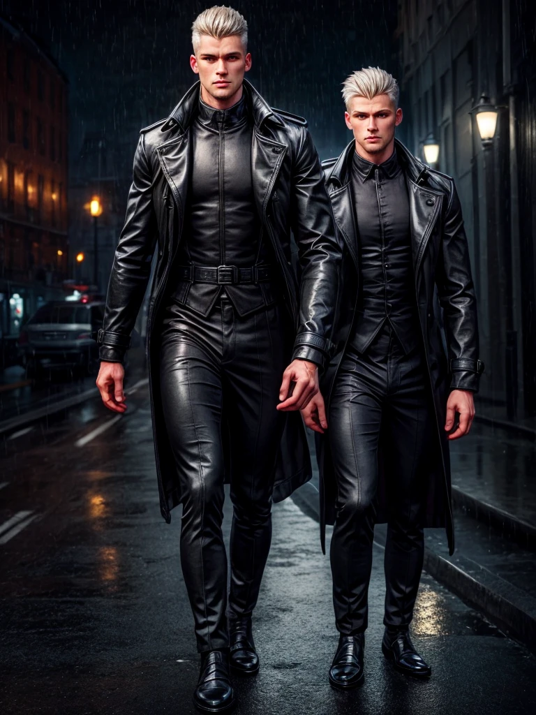 (Best Quality, detailed, restoration of faces and hands, Professional lighting) scandinavian young muscular man, silver hair with a fade, intense onyx eyes, in an outfit of a black trench coat walking under a rainy night