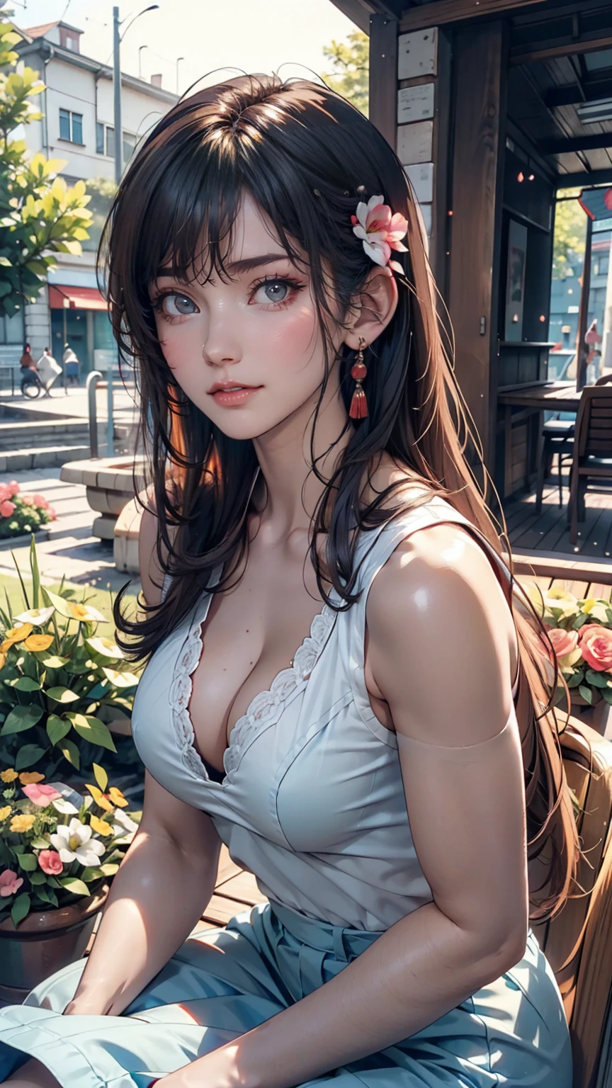 Anime girl in 80s anime style sitting in a flower field and looking at the camera, smile. pastel colour、Sexy proportions、Sexy、Blouse unbuttoned to highlight cleavage