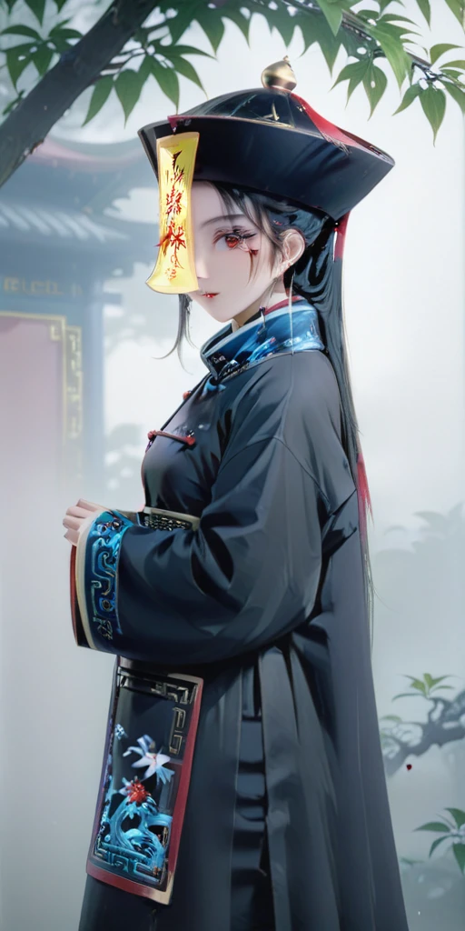 cinematic photo ((masterpiece)),((best quality)),8k,high detailed,ultra-detailed,intricate detail,full body, photography,((huangfu:2),huangfu paper,1girl, A cute girl in black nvjiang costume with huangfu paper in head,(blood-red eyes)),surrounded by swirling leaves and spectral mist,(foggy),. 35mm photograph, film, bokeh, professional, 4k, highly detailed